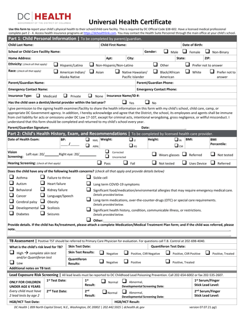 Universal Health Certificate - Washington, D.C. Download Pdf