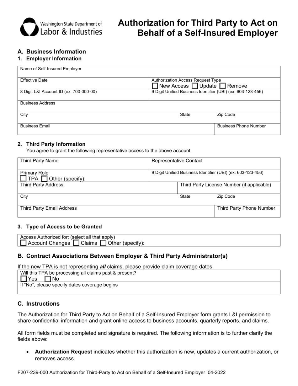 Form F207-239-000 Authorization for Third Party to Act on Behalf of a Self-insured Employer - Washington, Page 1