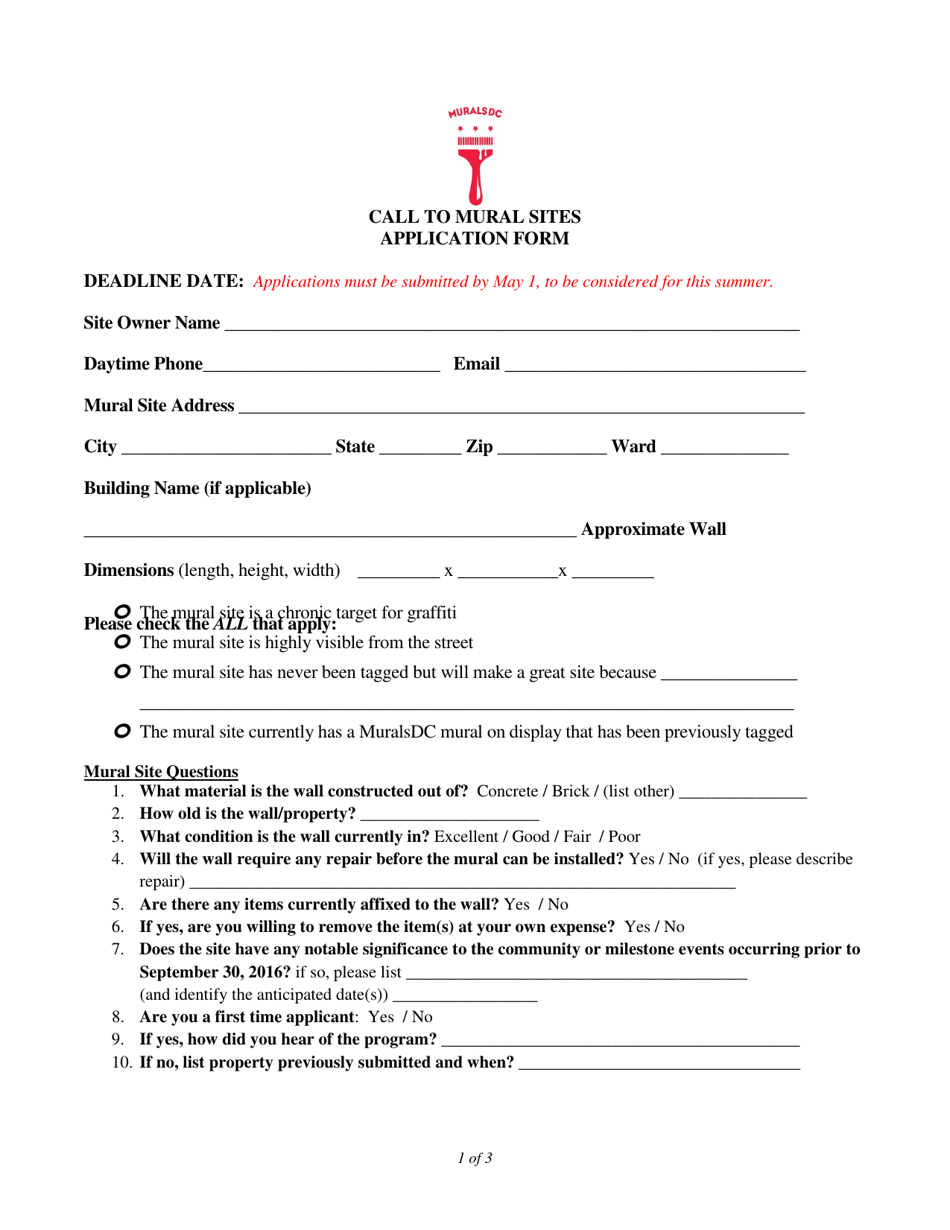 Call to Mural Sites Application Form - Washington, D.C., Page 1