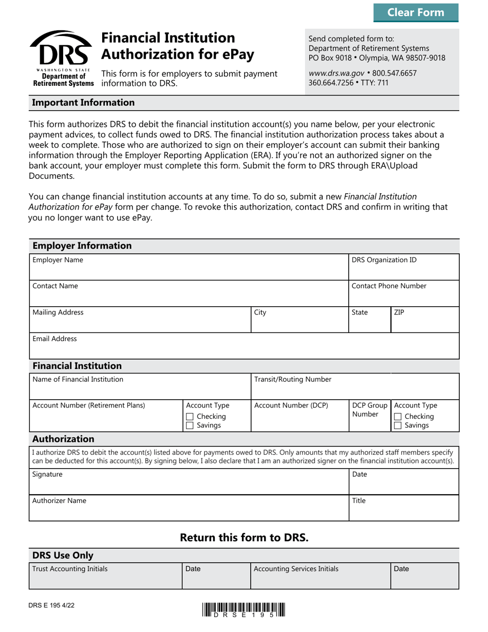 Form DRS E195 Financial Institution Authorization for Epay - Washington, Page 1
