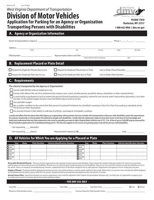 Form DMV-41A-TR Application for Parking for an Agency or Organization Transporting Persons With Disabilities - West Virginia