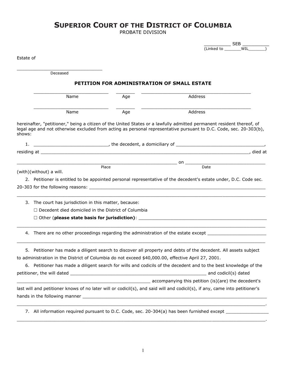 Petition for Administration of Small Estate - Washington, D.C., Page 1