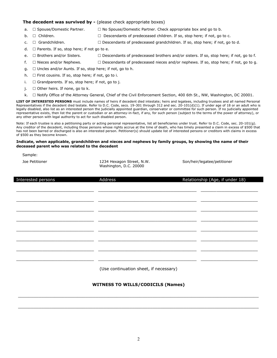 Petition for Administration of Small Estate - Washington, D.C., Page 2