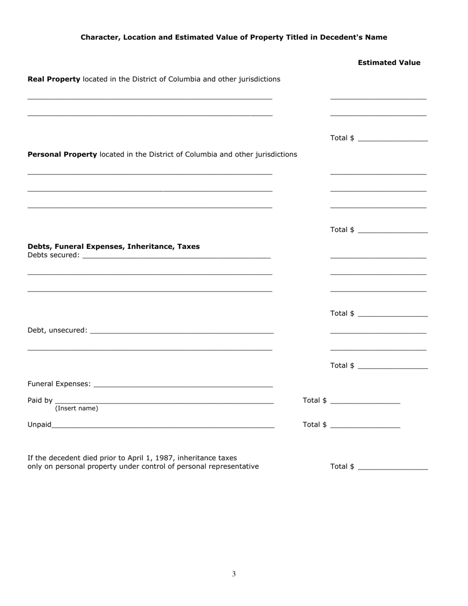 Petition for Administration of Small Estate - Washington, D.C., Page 3