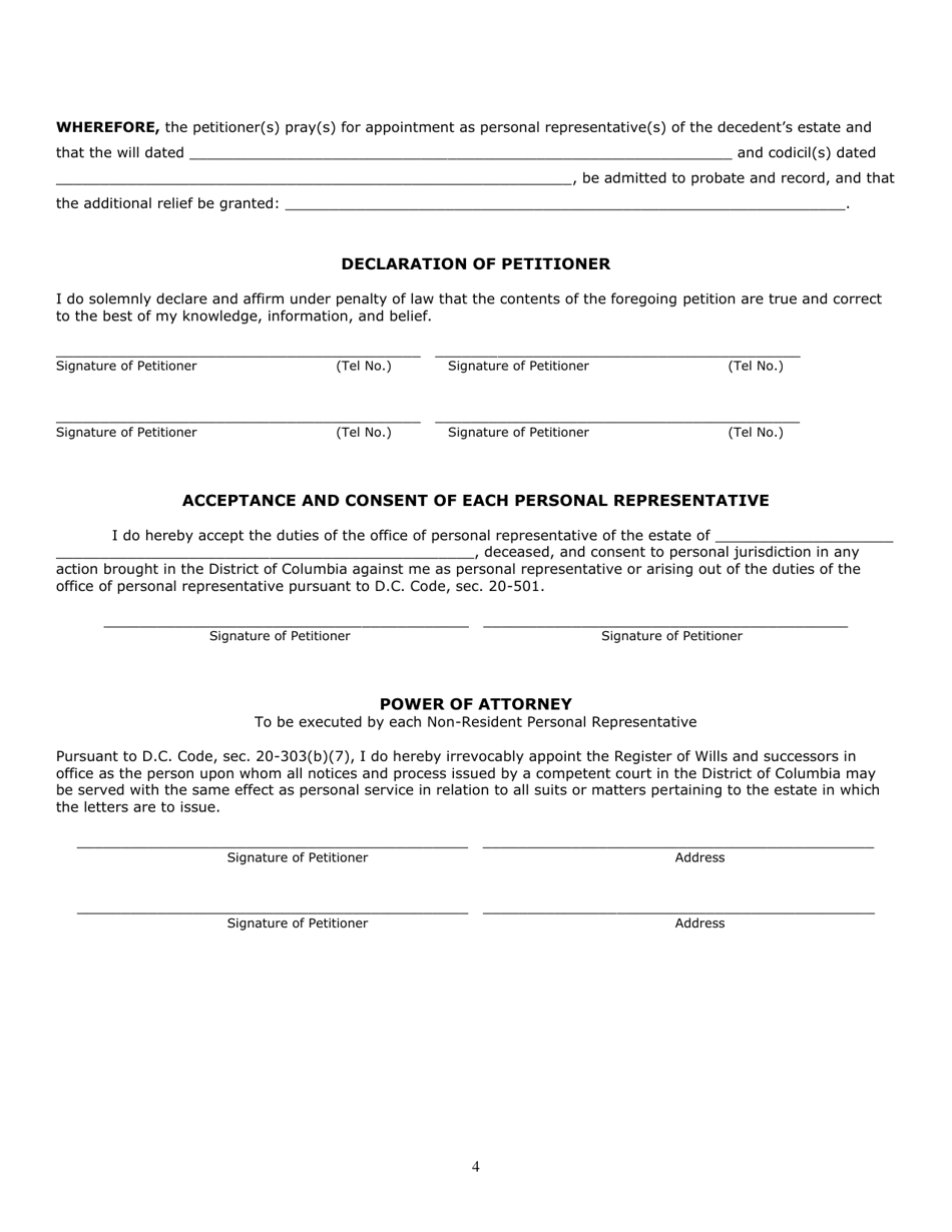 Petition for Administration of Small Estate - Washington, D.C., Page 4