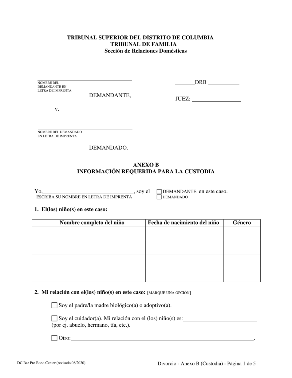 Anexo B Informacion Requerida Para La Custodia - Washington, D.C. (Spanish), Page 1