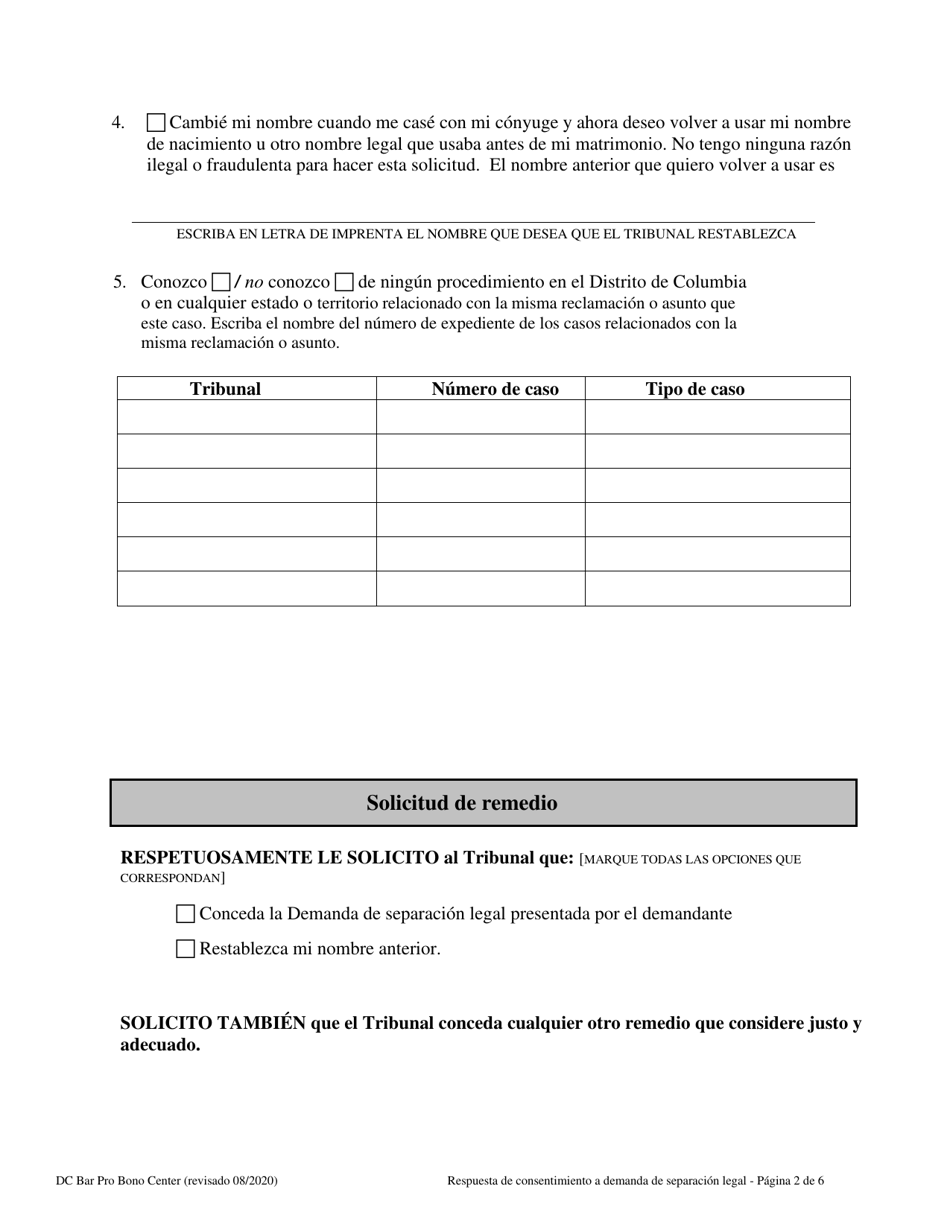 Respuesta De Consentimiento a Demanda De Separacion Legal - Washington, D.C. (Spanish), Page 2
