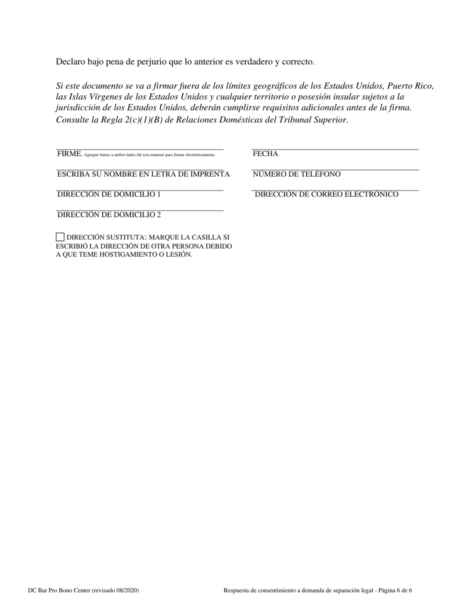 Respuesta De Consentimiento a Demanda De Separacion Legal - Washington, D.C. (Spanish), Page 6