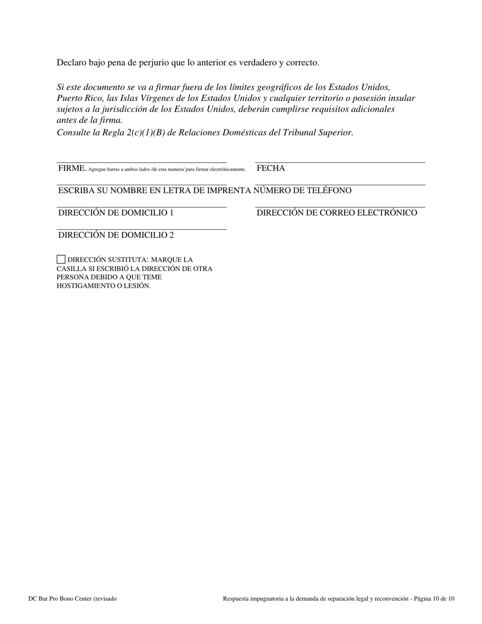 Respuesta Impugnatoria a La Demanda De Separacion Legal Y Reconvencion - Washington, D.C. (Spanish), Page 10