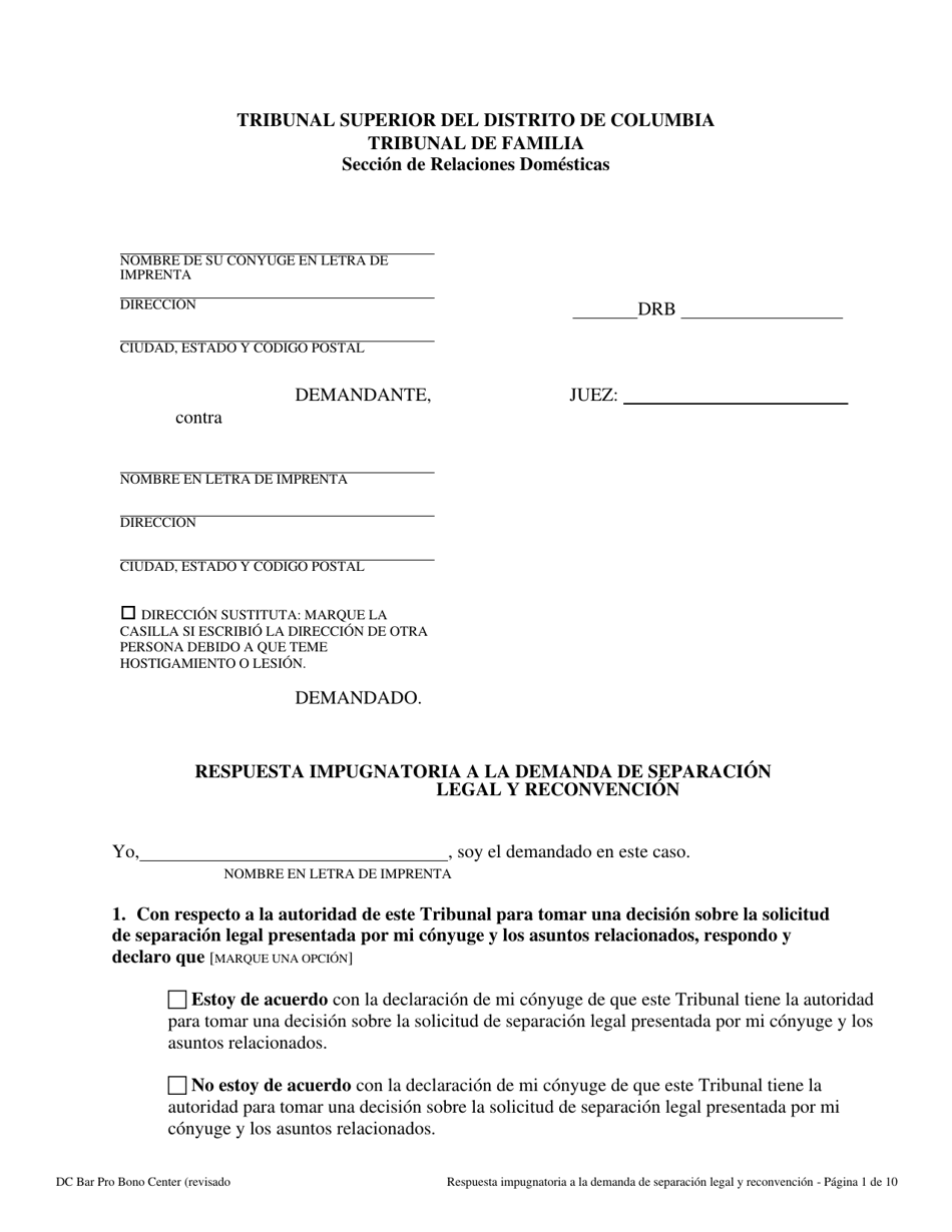 Respuesta Impugnatoria a La Demanda De Separacion Legal Y Reconvencion - Washington, D.C. (Spanish), Page 1