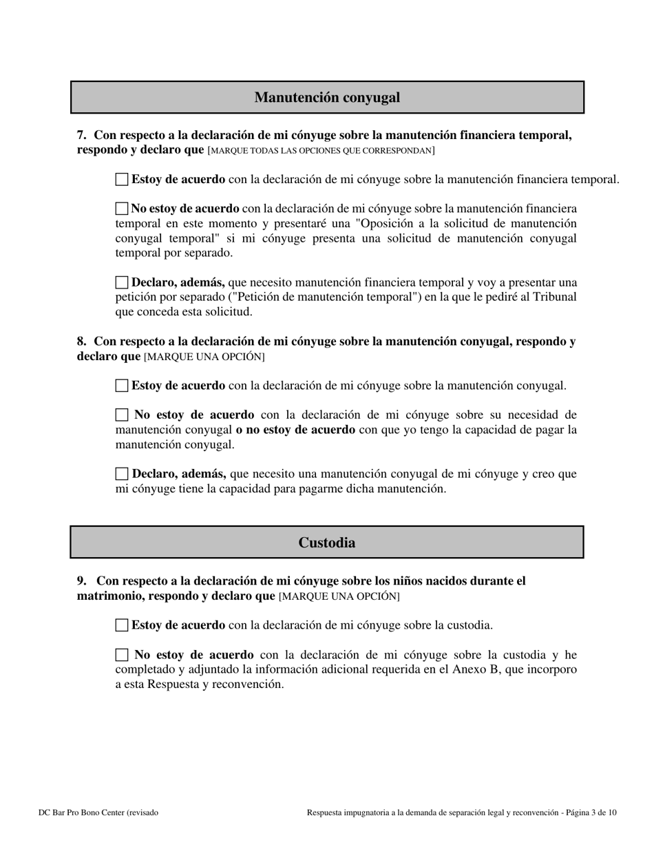 Respuesta Impugnatoria a La Demanda De Separacion Legal Y Reconvencion - Washington, D.C. (Spanish), Page 3