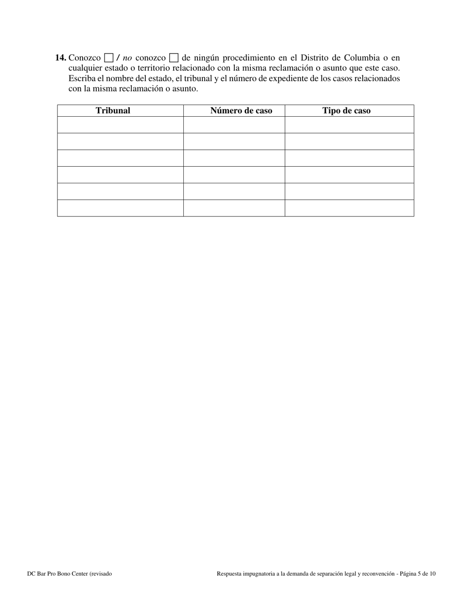 Respuesta Impugnatoria a La Demanda De Separacion Legal Y Reconvencion - Washington, D.C. (Spanish), Page 5