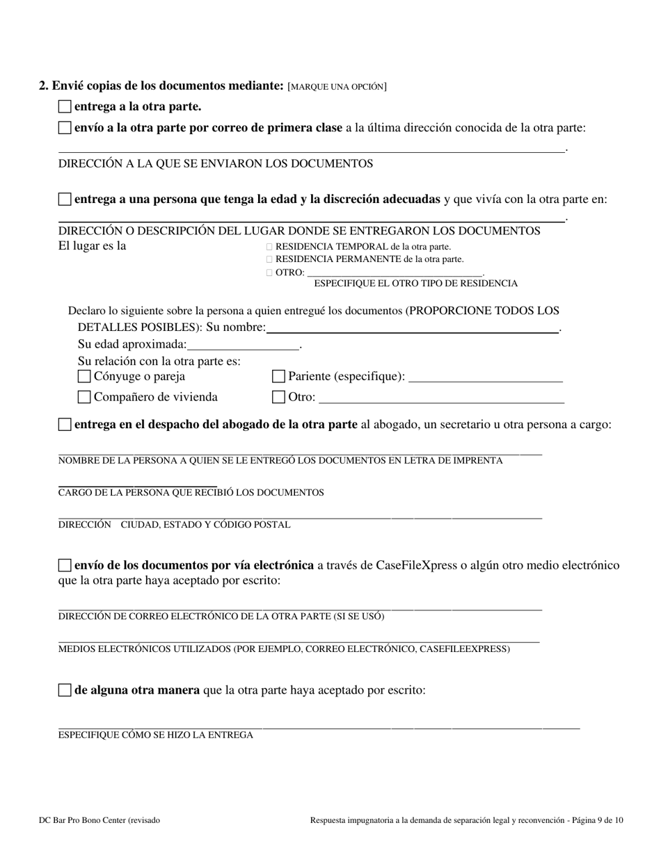 Respuesta Impugnatoria a La Demanda De Separacion Legal Y Reconvencion - Washington, D.C. (Spanish), Page 9