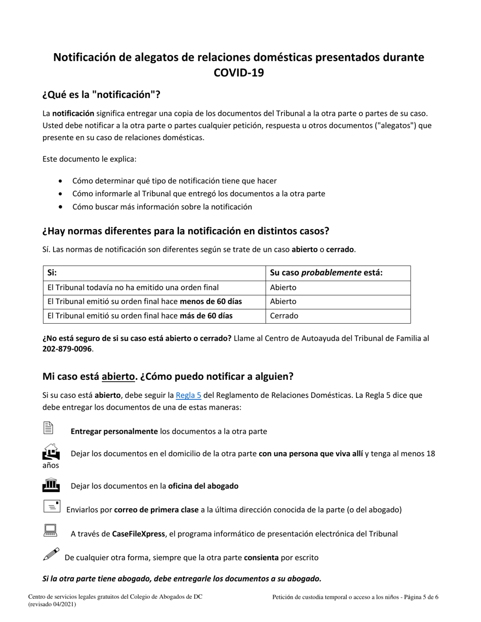 Peticion De Custodia Temporal O Acceso a Los Ninos - Washington, D.C. (Spanish), Page 5