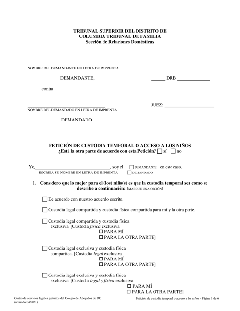 Document preview: Peticion De Custodia Temporal O Acceso a Los Ninos - Washington, D.C. (Spanish)