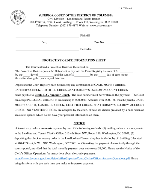 L&T Form 8 Protective Order Information Sheet - Washington, D.C.