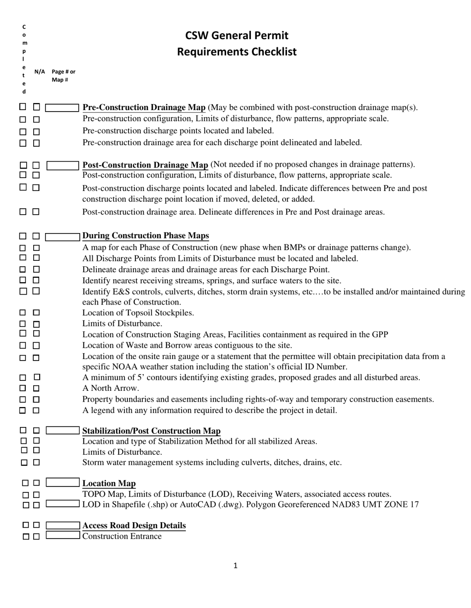 Csw General Permit Requirements Checklist - West Virginia, Page 1