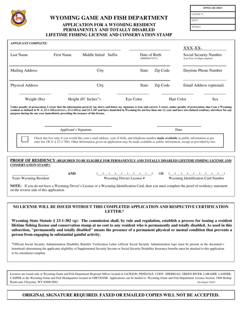 Application for a Wyoming Resident Permanently and Totally Disabled Lifetime Fishing License and Conservation Stamp - Wyoming Download Pdf