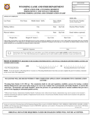 Application for a Wyoming Resident Permanently and Totally Disabled Lifetime Fishing License and Conservation Stamp - Wyoming