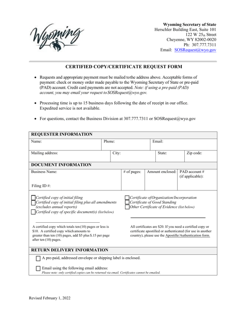 Certified Copy / Certificate Request Form - Wyoming Download Pdf