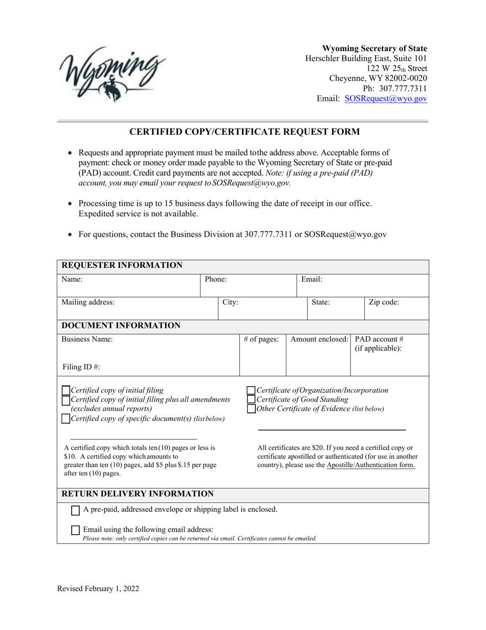 Certified Copy / Certificate Request Form - Wyoming, Page 1
