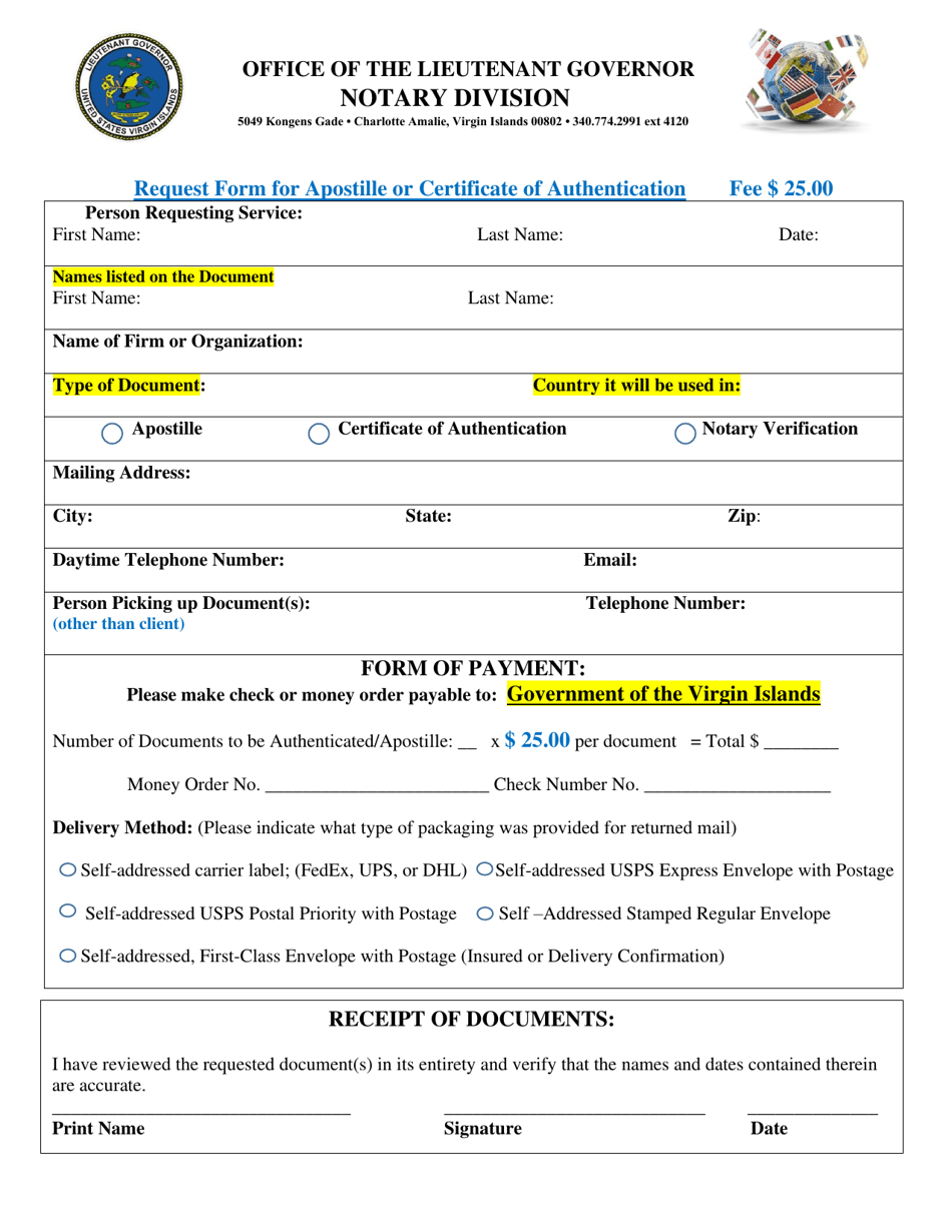 Request Form for Apostille or Certificate of Authentication - Virgin Islands, Page 1