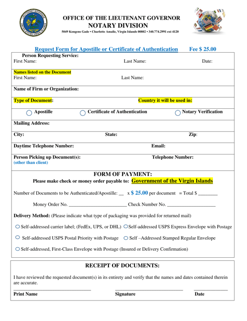 Request Form for Apostille or Certificate of Authentication - Virgin Islands