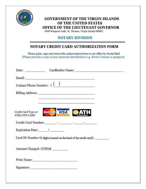 Notary Credit Card Authorization Form - Virgin Islands Download Pdf