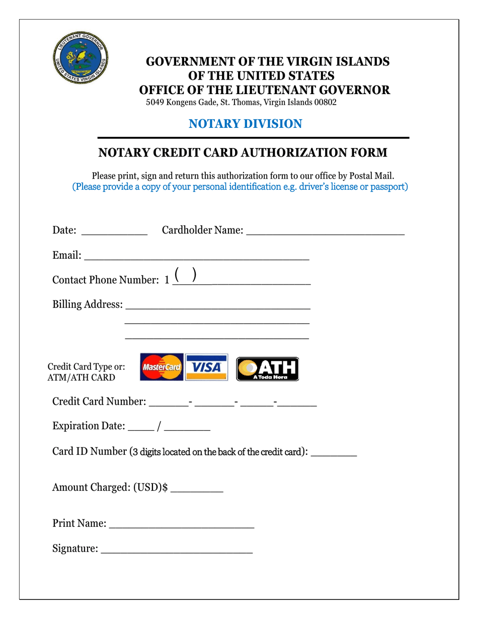 Notary Credit Card Authorization Form - Virgin Islands, Page 1