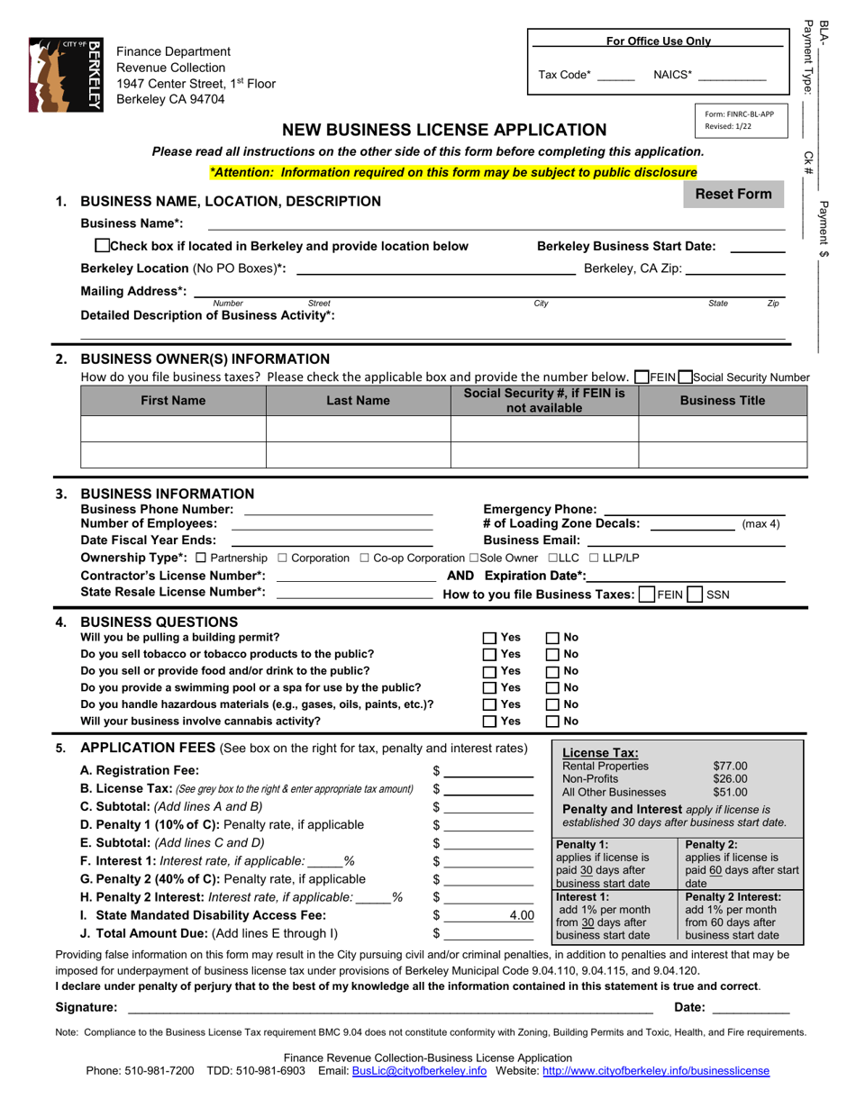 Form FINRC-BL-APP New Business License Application Without Auto-calculations - City of Berkeley, California, Page 1
