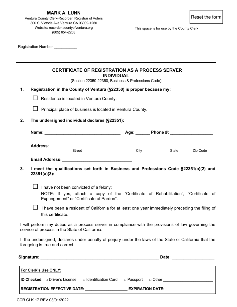 Form CCR CLK17 Certificate of Registration as a Process Server Individual - Ventura County, California, Page 1