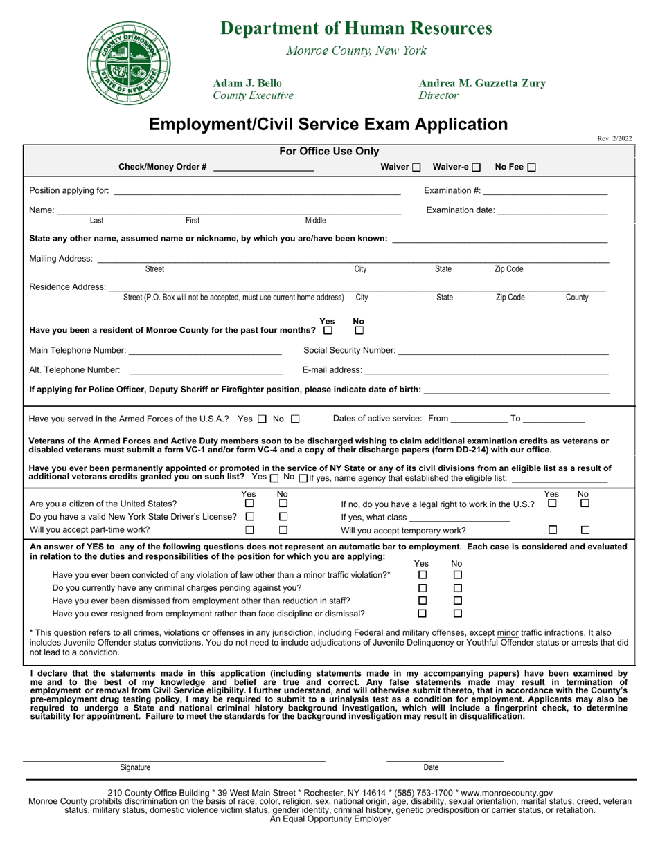 Employment / Civil Service Exam Application - Monroe County, New York, Page 1