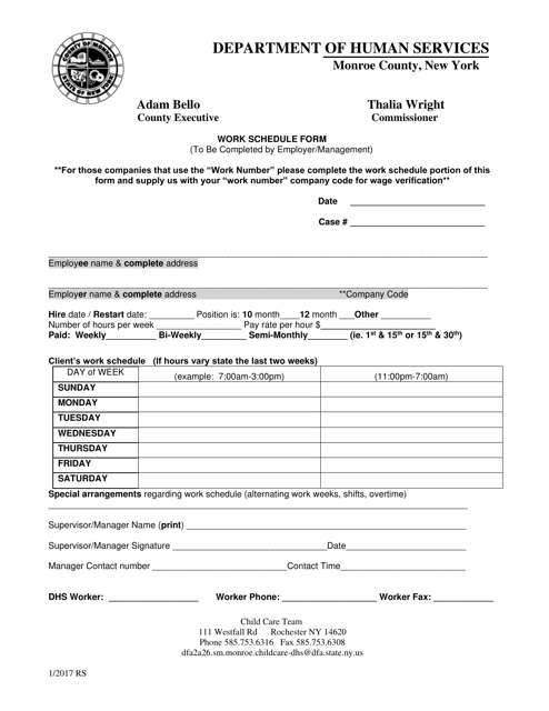 Day Care Work Schedule Form - Monroe County, New York Download Pdf