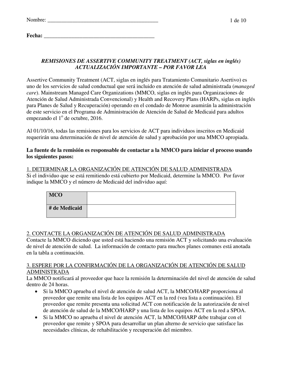 Remisiones De Assertive Community Treatment (Act) - Monroe County, New York (Spanish), Page 1