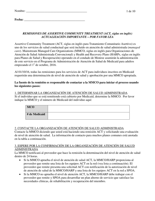Remisiones De Assertive Community Treatment (Act) - Monroe County, New York (Spanish) Download Pdf