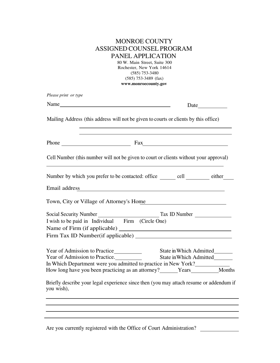 Panel Application - Assigned Counsel Program - Monroe County, New York, Page 1