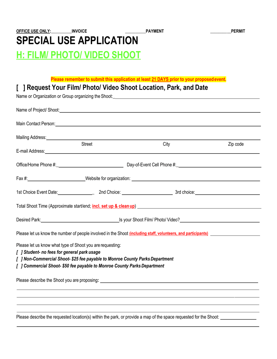 Special Use Application - Film / Photo / Video Shoot - Monroe County, New York, Page 1