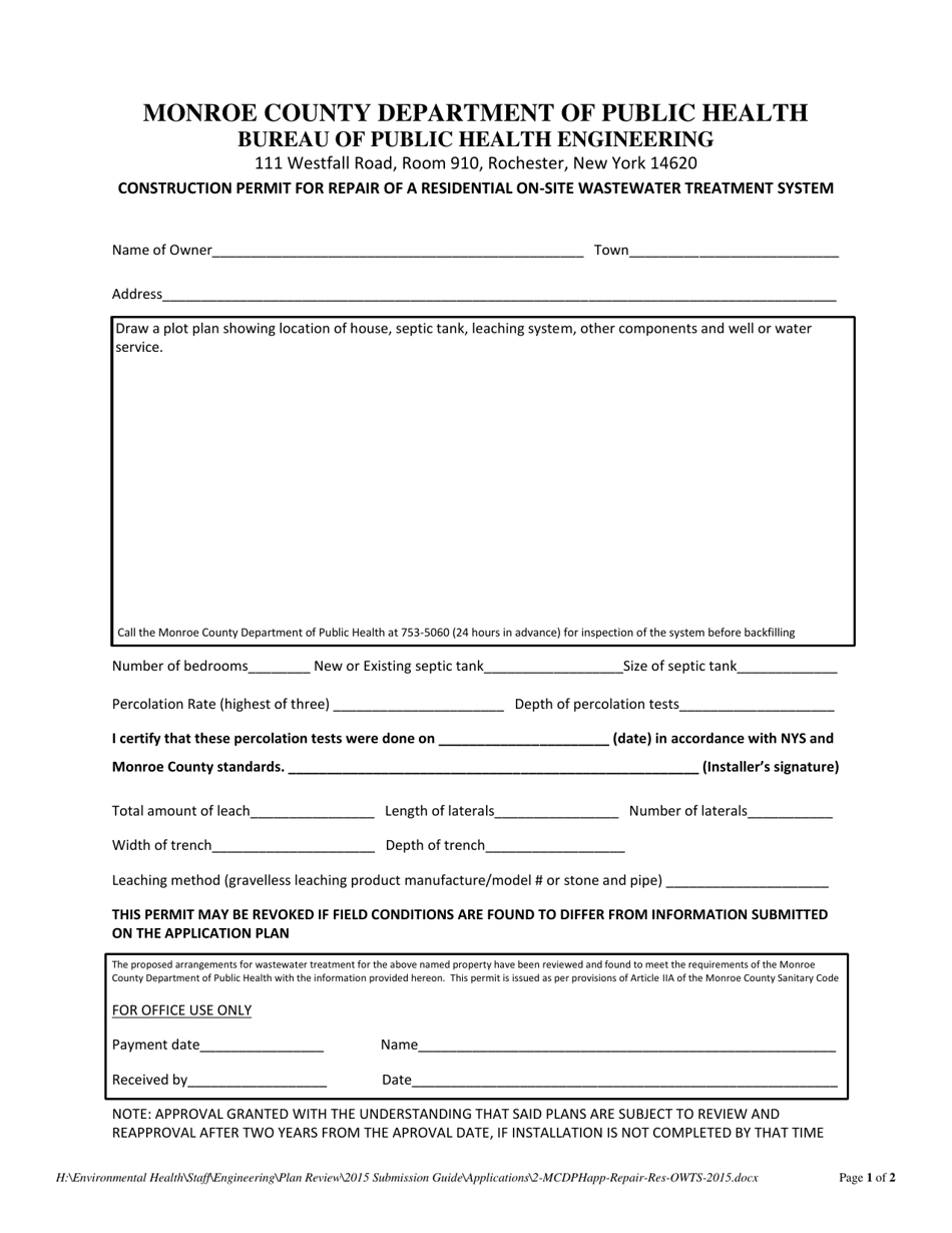 Construction Permit for Repair of a Residential on-Site Wastewater Treatment System - Monroe County, New York, Page 1