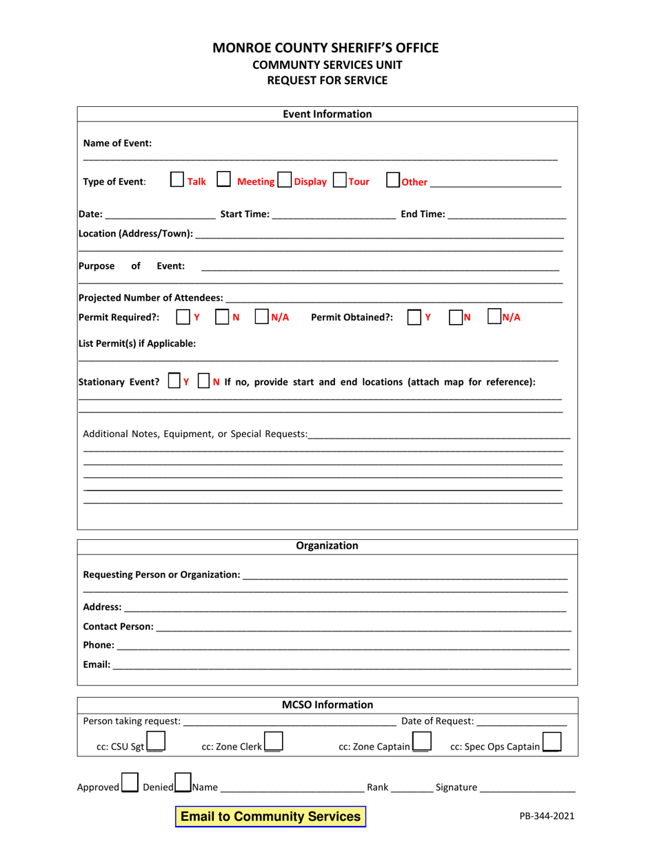 Form PB-344-2021 Communty Services Unit Request for Service - Monroe County, New York, Page 1