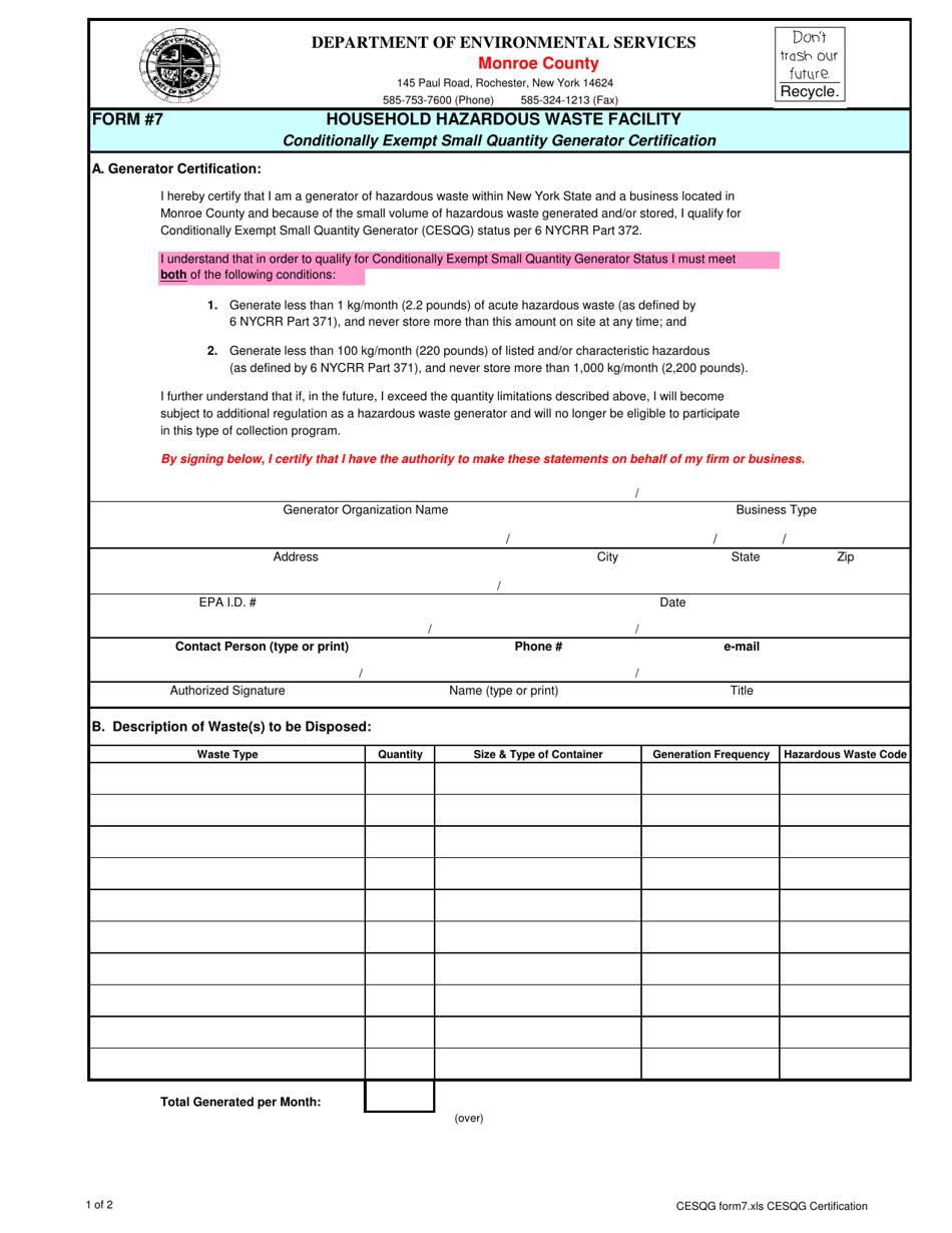 CESQG Form 7 Conditionally Exempt Small Quantity Generator Certification - Household Hazardous Waste Facility - Monroe County, New York, Page 1