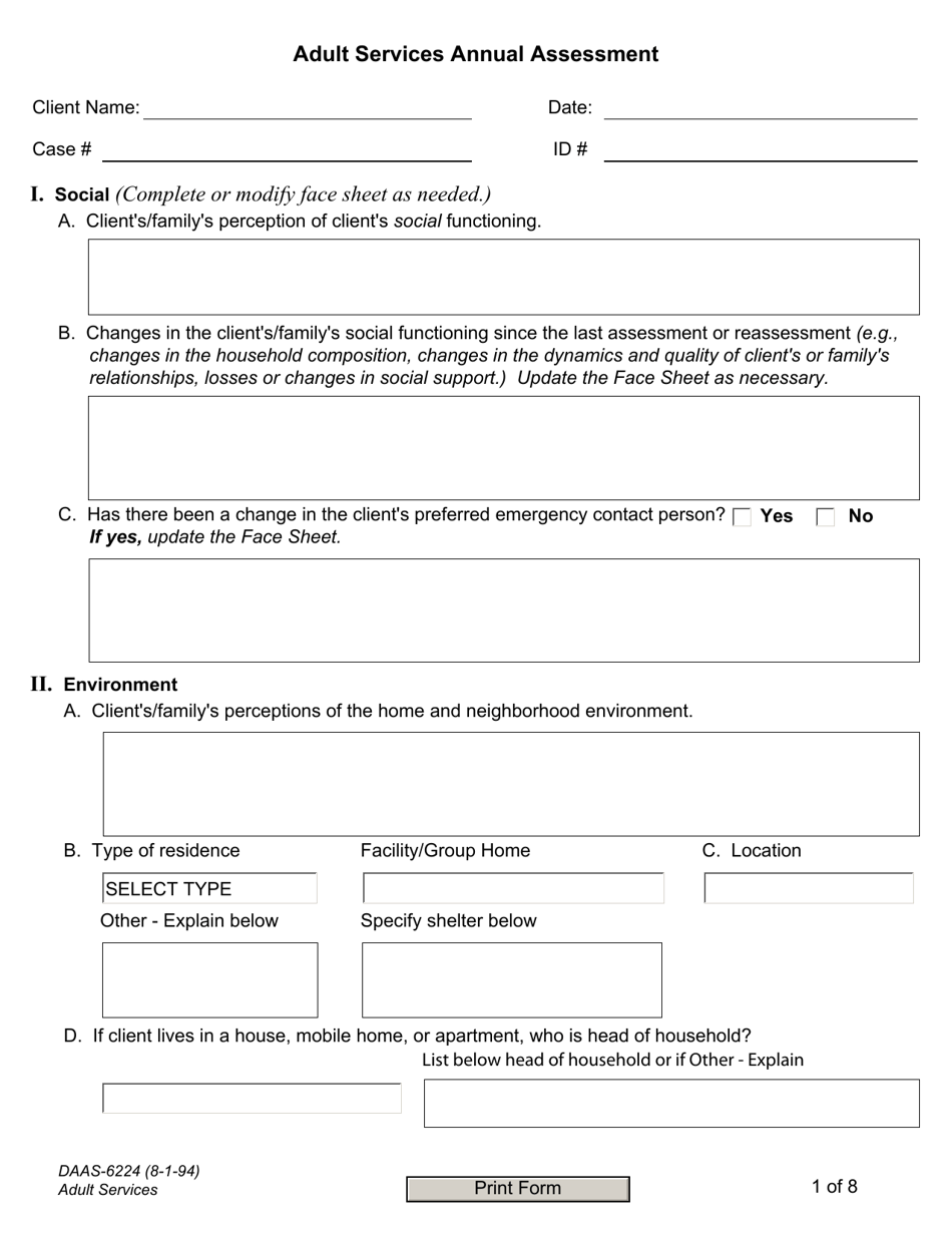 Form DAAS-6224 Adult Services Annual Assessment - North Carolina, Page 1