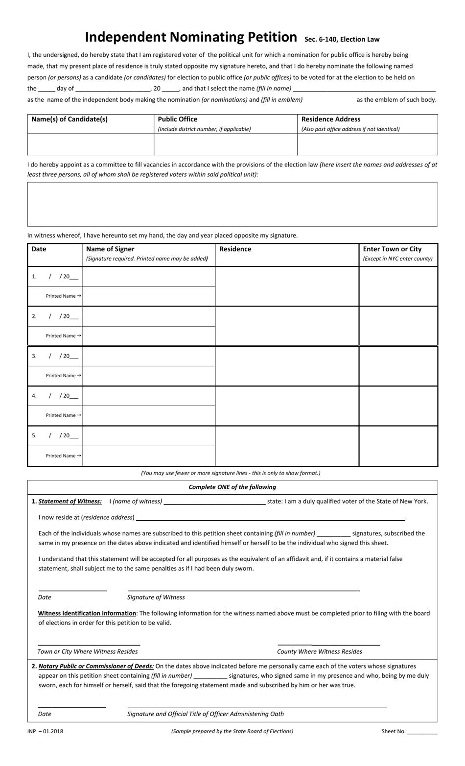 Independent Nominating Petition - New York, Page 1