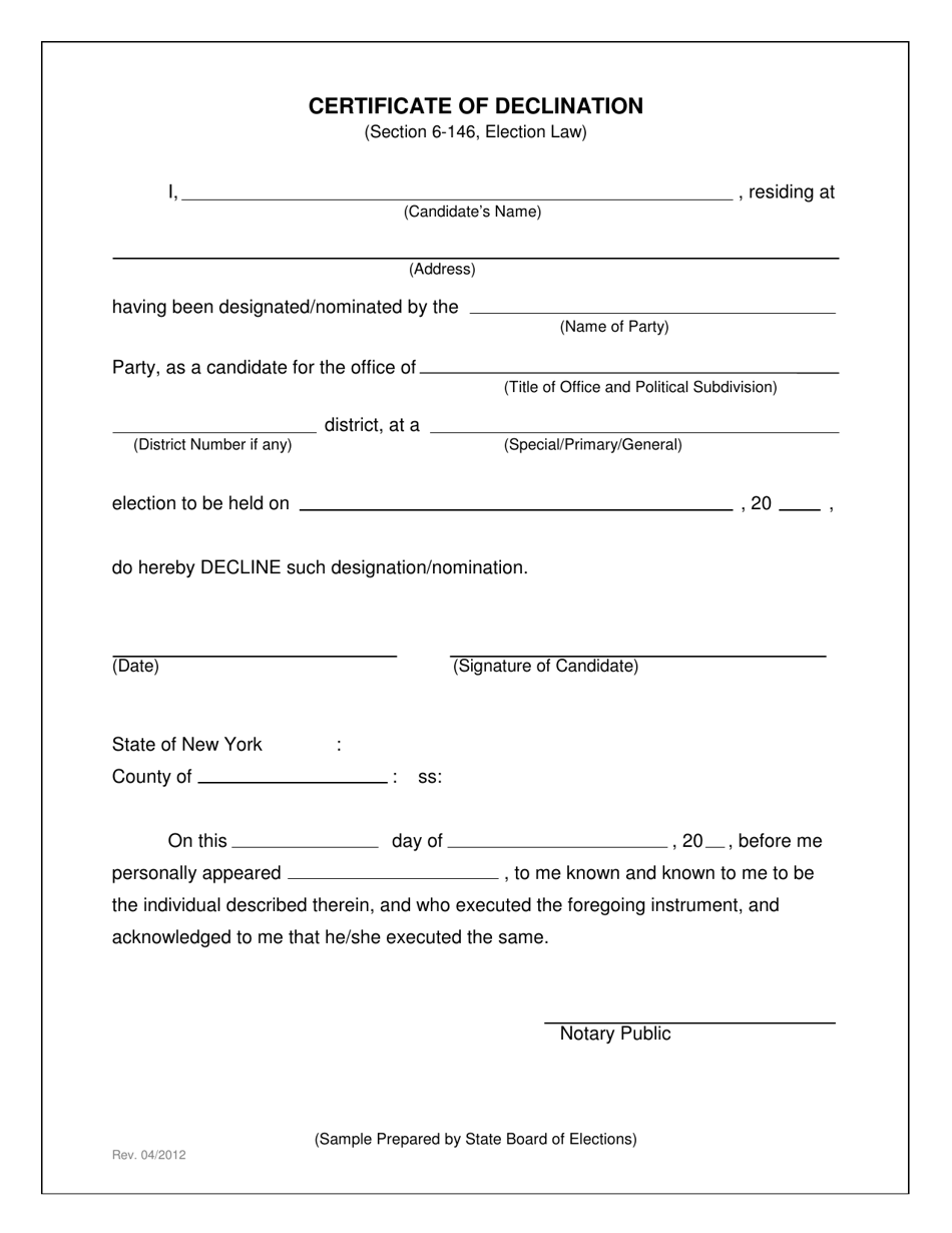 New York Certificate of Declination - Fill Out, Sign Online and ...