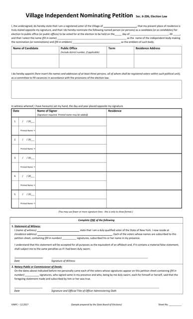Village Independent Nominating Petition - County - New York Download Pdf