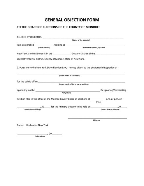 General Objection Form - Monroe County, New York Download Pdf