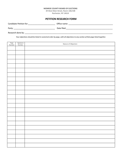 Petition Research Form - Monroe County, New York Download Pdf