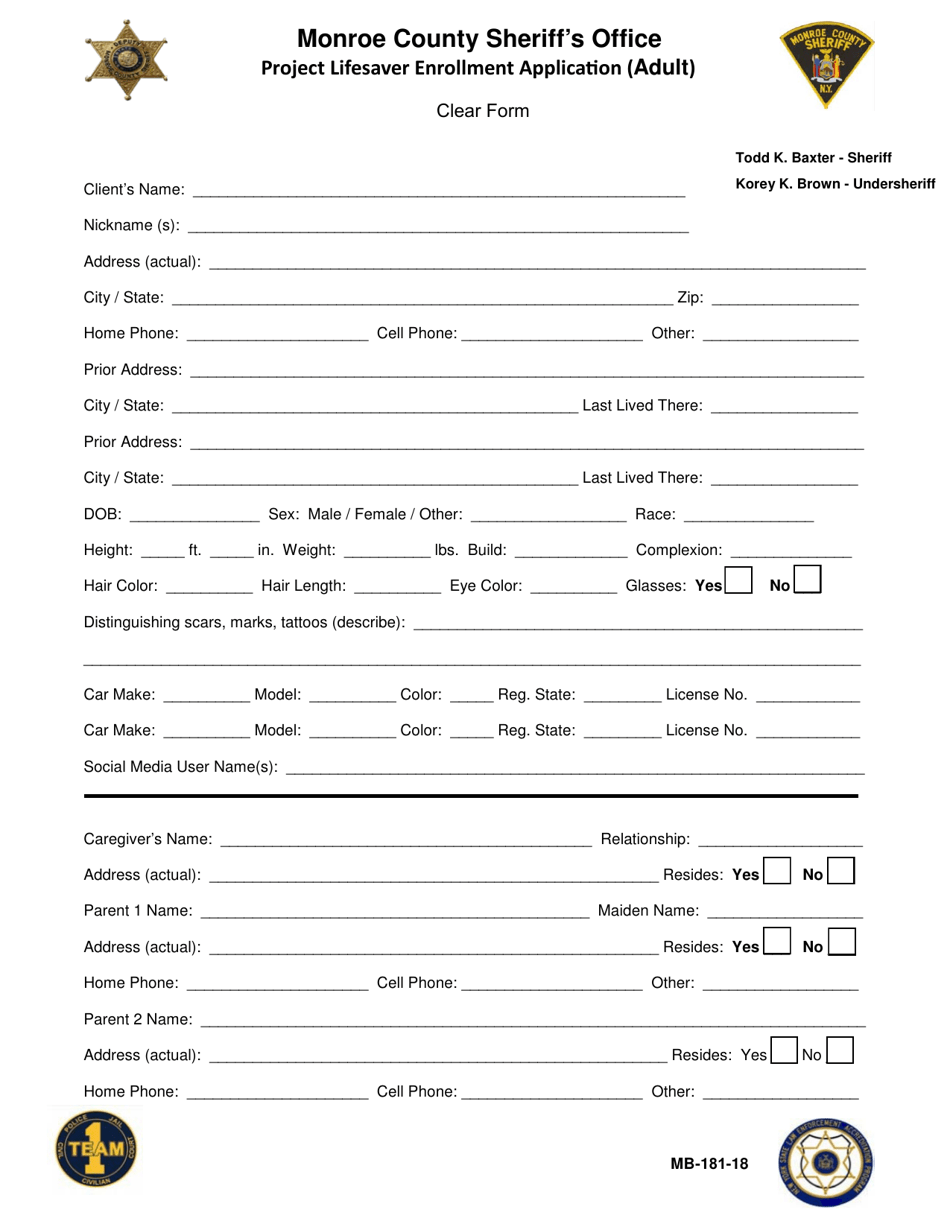 Form MB-181-18 Project Lifesaver Enrollment Application (Adult) - Monroe County, New York, Page 1