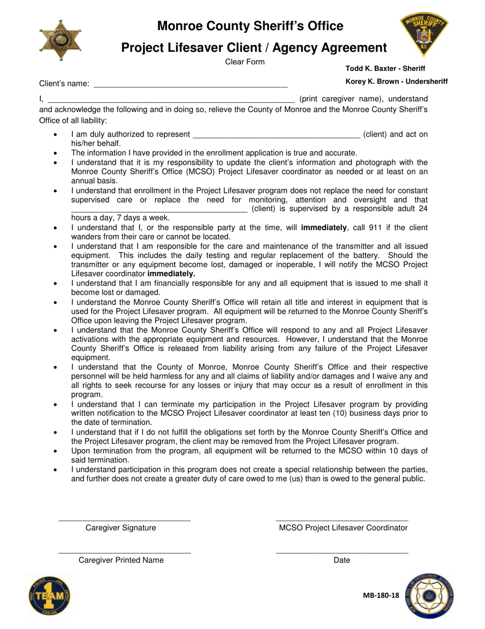 Form MB-180-18 Project Lifesaver Client / Agency Agreement - Monroe County, New York, Page 1