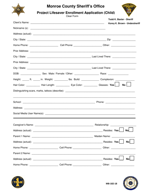 Form MB-182-18 Project Lifesaver Enrollment Application (Child) - Monroe County, New York