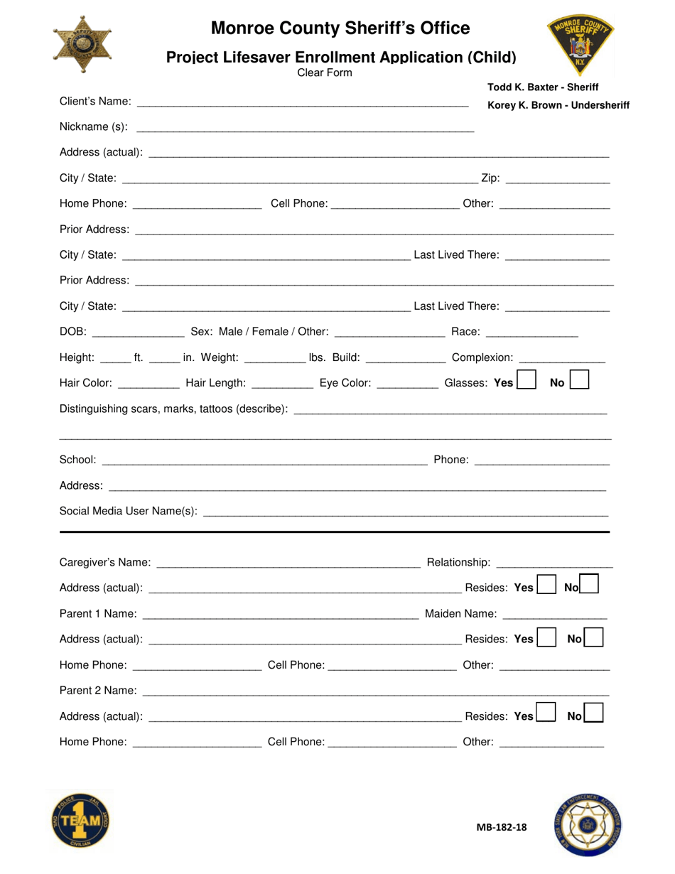 Form MB-182-18 Project Lifesaver Enrollment Application (Child) - Monroe County, New York, Page 1